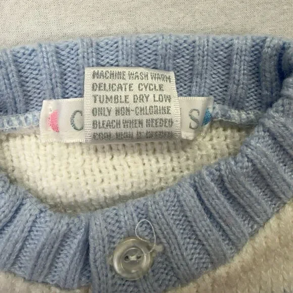 Vintage Baby Cardigan Sweater Train Knit 12 Months Blue White Cradles Sweet - Picture 7 of 7